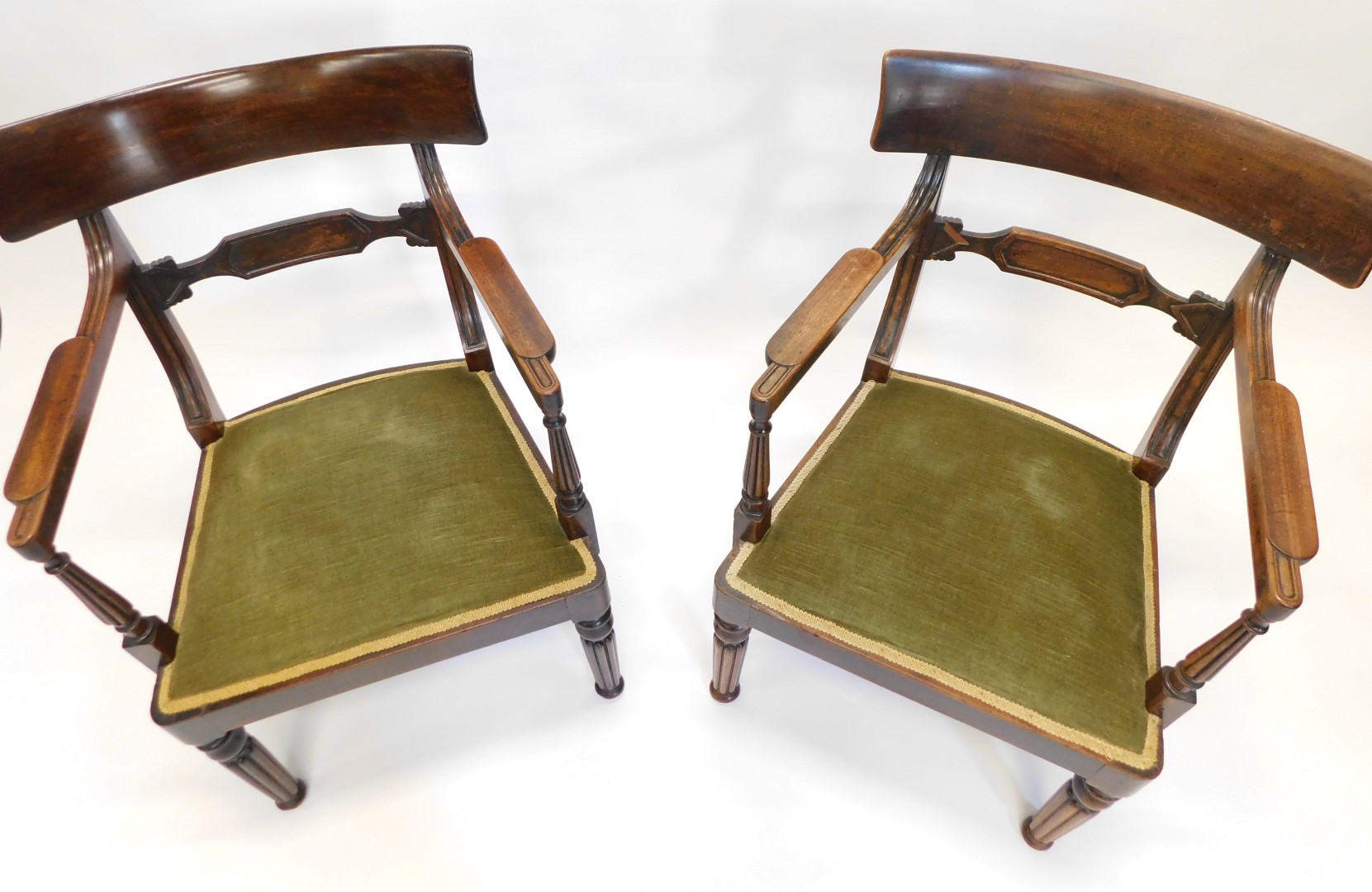 A pair of 19thC mahogany armchairs, each with a bar back, shaped arm supports, and a padded seat wit - Image 2 of 3