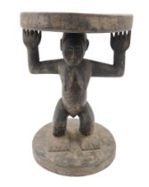 Tribal Art. Luba tribe, sculpted caryatid stool symbolical as the seat of power for kings and chiefs