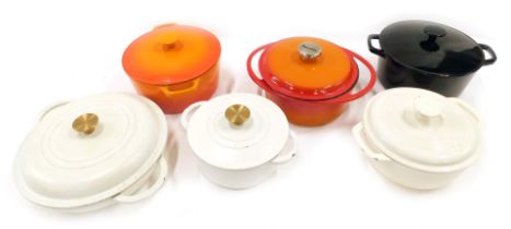A collection of Le Creuset iron and ceramic casserole dishes, another stamped Berndes, etc. (6) Buy