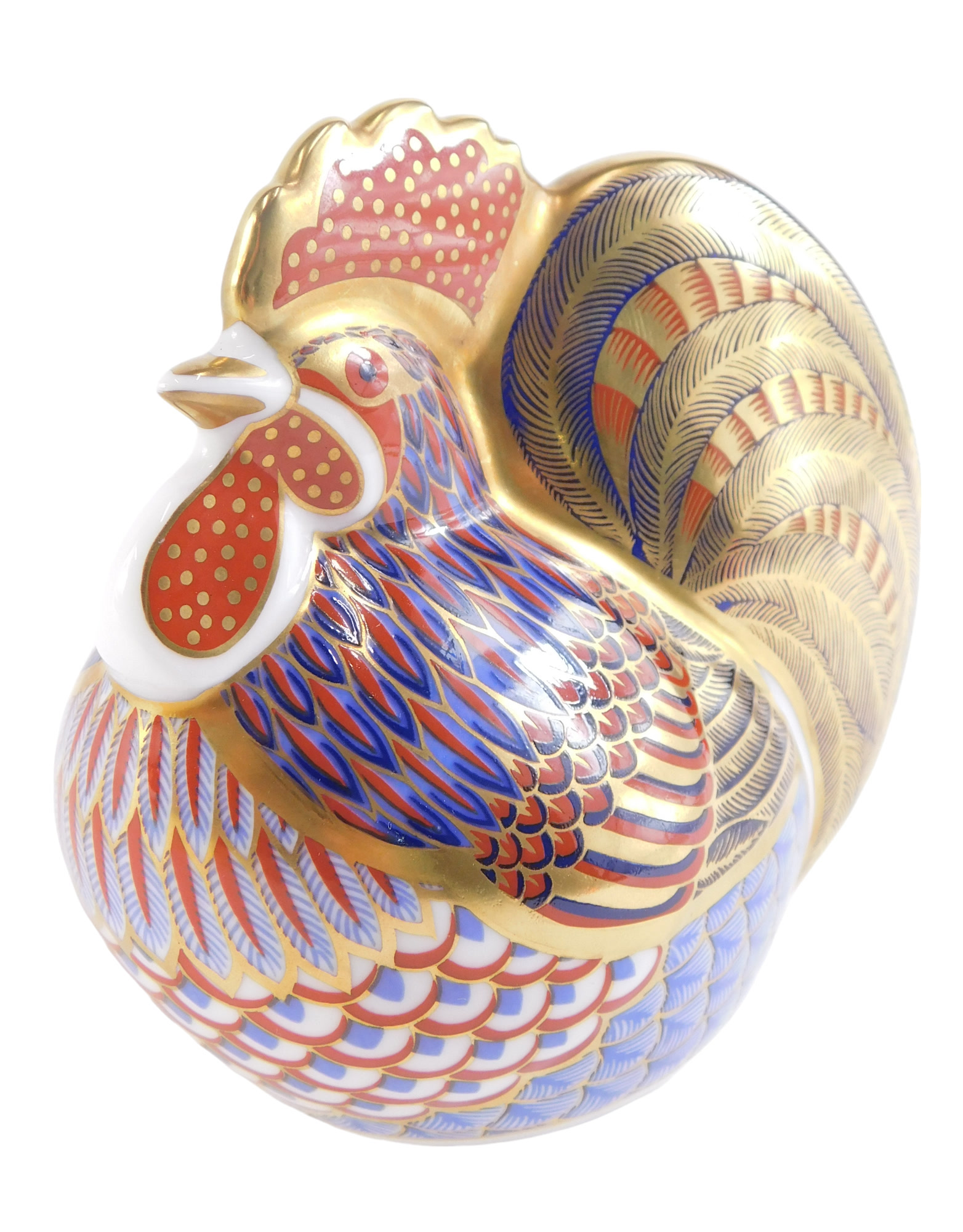 A Royal Crown Derby cockerel paperweight, on moulded base with silver stopper, 10cm high.