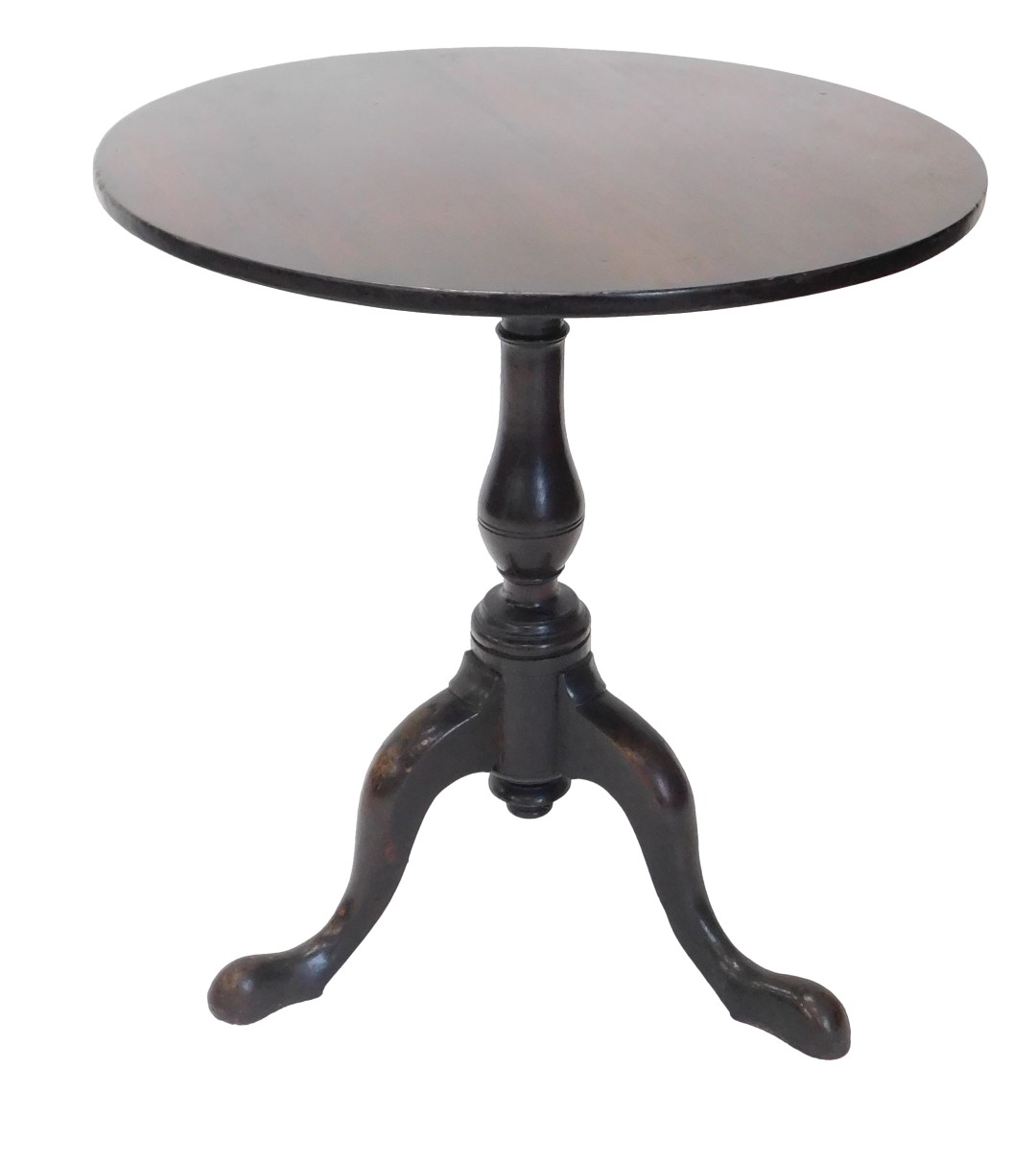 A 19thC mahogany occasional table, the circular tilt top on a turned column tripod base, with pad fe