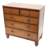 A 19thC oak chest of drawers, the top with a moulded rim above two short and three long drawers, eac