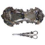 Victorian silver plated grape scissors and tray, the scissors with pierced trusting vine handles, th