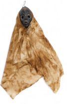Tribal Art. 'Gunyege' running mask with long woven mudcloth hood/cloak, pressed metal around large r