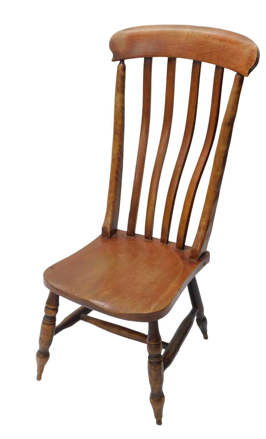 A 19thC beech lath back side chair, with a solid seat, on turned legs with H stretcher.