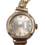 A Doric 9ct gold cased lady's wristwatch, with a silvered dial on gold plated strap, 13.9g all in.