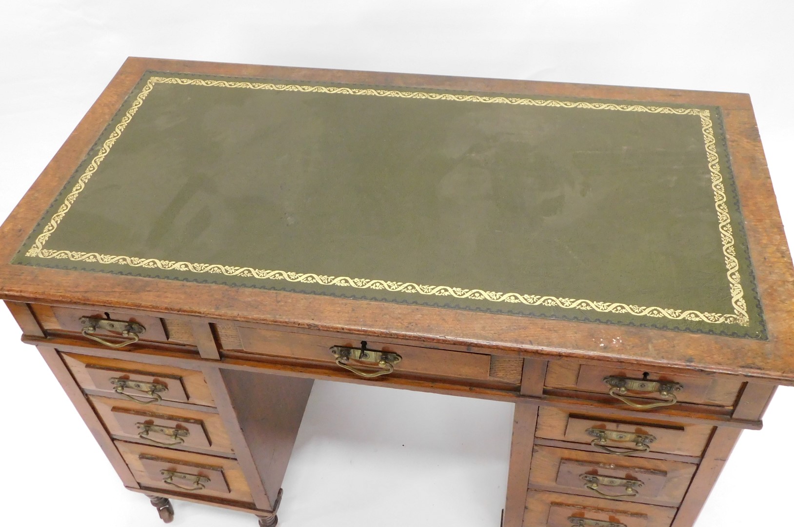A Victorian ash and mahogany pedestal desk, the rectangular top inset with green leatherette, above - Image 2 of 3