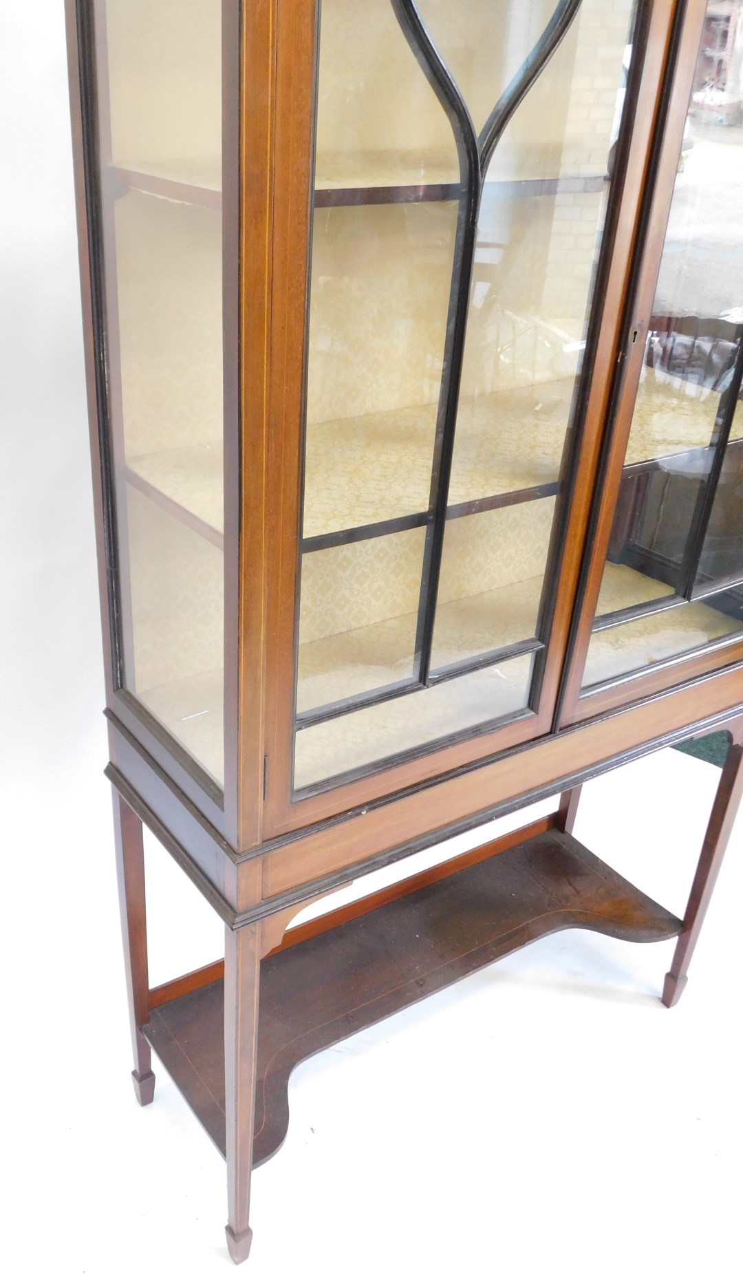 An Edwardian mahogany and boxwood strung display cabinet, with two glazed doors, on square tapering - Image 2 of 3