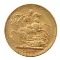 A Queen Victoria full gold sovereign, dated 1899.