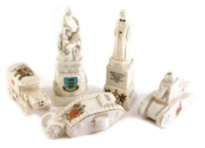 Five items of crested china, to include a corona tank, WWI tank crested Doncaster, another tank, mod