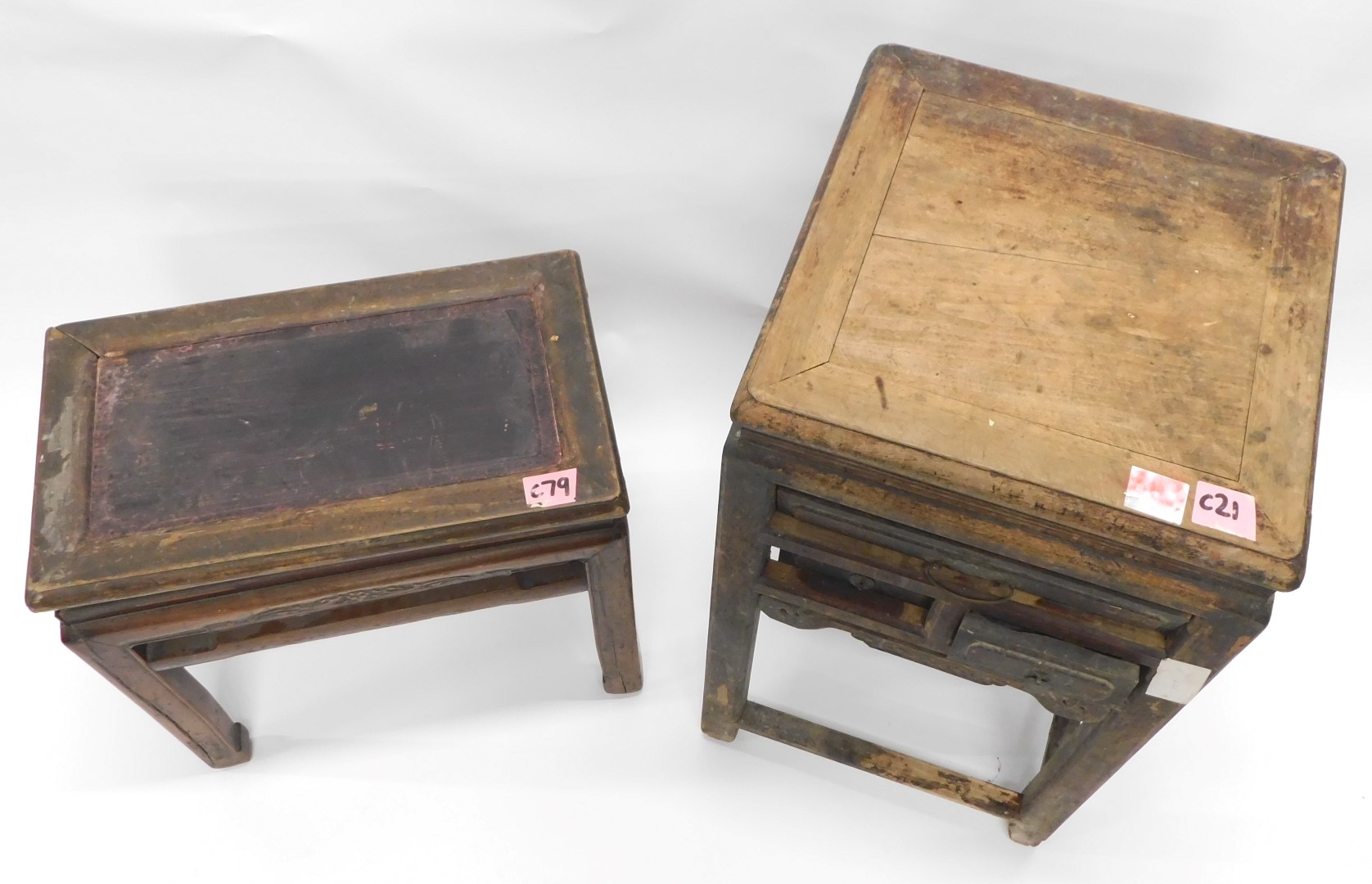 A Chinese elm side cabinet, with a square top and an arrangement of one long and two short drawers, - Image 2 of 2