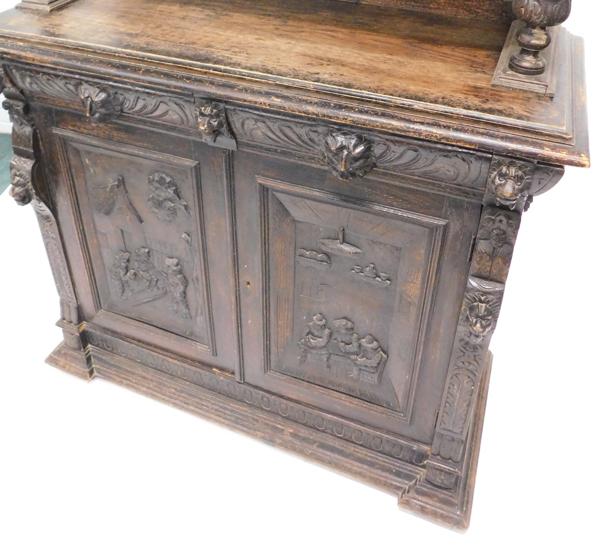 A late 19thC Flemish style ebonised oak cabinet, the top with a moulded cornice above gadrooned frie - Image 2 of 6
