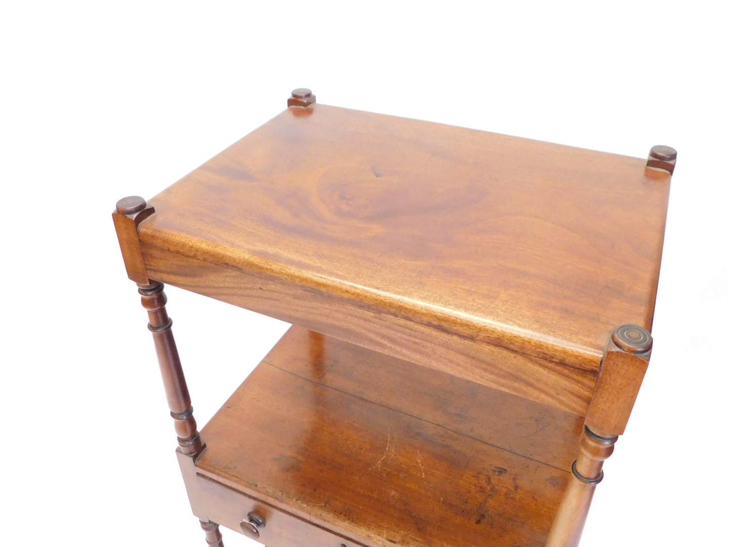 A 19thC mahogany three tier whatnot, with two drawers, on bun feet with ceramic castors, 120cm high, - Image 2 of 3