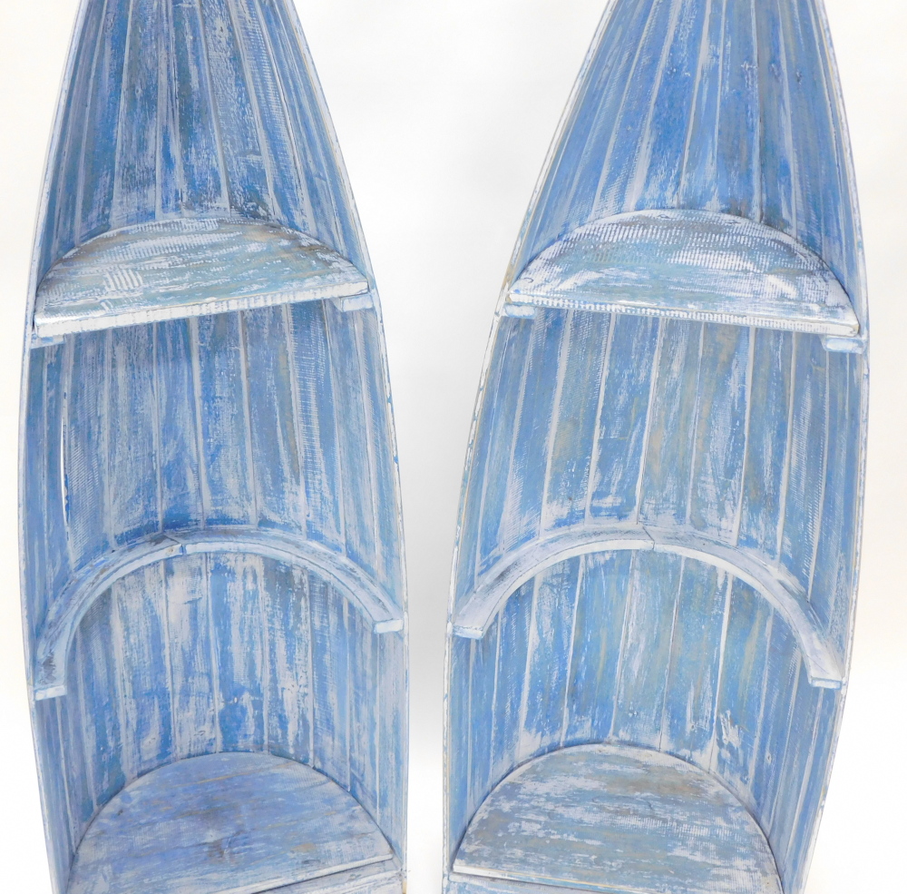 A pair of blue painted boat shaped bookcases or display cabinets, each modelled in the form of a boa - Image 2 of 2