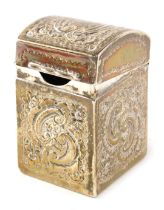 An Edwardian silver miniature playing card box, with domed hinged lid, repousse, scroll and flower h