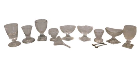 A collection of late 18th/early 19thC glasses, to include short stem wine glass, pair of boat shaped