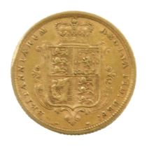 A Queen Victoria shield back half gold sovereign, inverted, dated 1883.