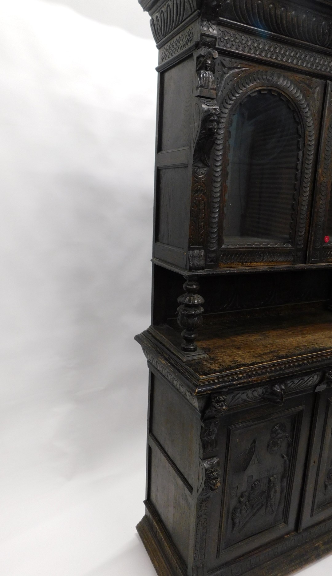 A late 19thC Flemish style ebonised oak cabinet, the top with a moulded cornice above gadrooned frie - Image 4 of 6