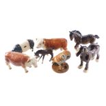 A quantity of ceramic animals and birds, to include Royal Doulton barn animal, Hereford bull, Copper