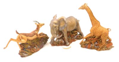 Three From the Earth sculptures by Ann Richmond, Twiga Giraffe, an elephant (AF), and Swalla Impala,