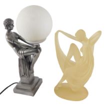 An Art Deco style silvered resin table lamp, modelled in the form of a lady holding the opaque shade