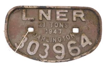 An LNER cast iron railway wagon plaque, numbered twenty one ton 1947 Darlington, 28cm wide.