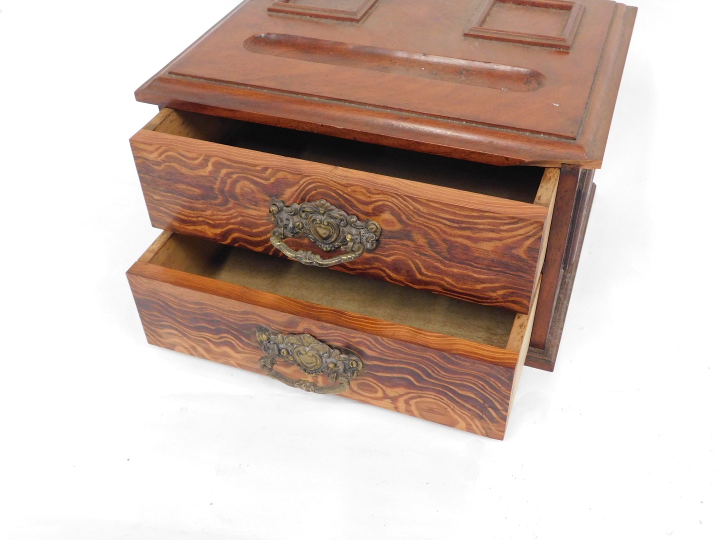 A late 19thC mahogany and pitch pine writing cabinet, the top with recesses for inkwells and pens ab - Image 2 of 2