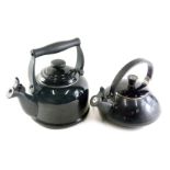 A Le Crueset black enamelled stove kettle, 1.5ltr, and another larger example, 2.1ltr. (2) Buyer No