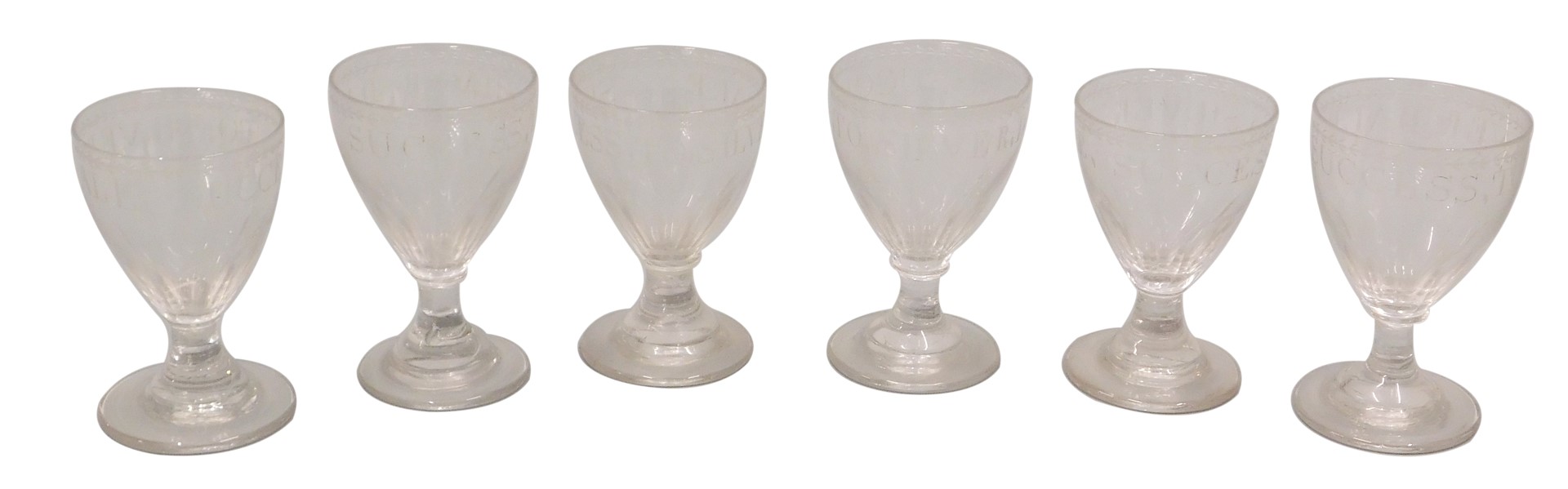 A set of six 19thC wine glasses, each engraved Success to Silver Dale, 10cm high. (1 AF)