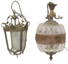 A glass and brass Eastern style lantern, decorated with dolphins, 45cm high, and another lantern. (A
