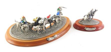 A limited edition pewter and enamel horse racing figure group, titled 'Turning For Home' numbered 45