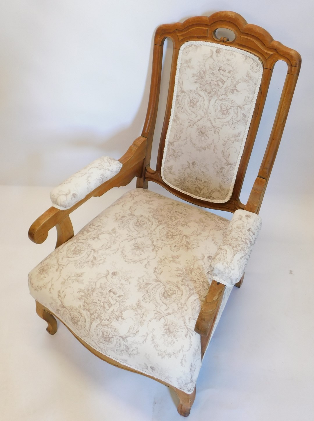 A 19thC continental walnut open armchair, with a padded back, armrest and seat, upholstered in toile - Image 2 of 2