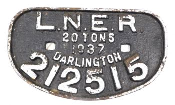 An LNER cast iron railway wagon plaque, stamped twenty ton 1937 Darlington, 28cm wide.