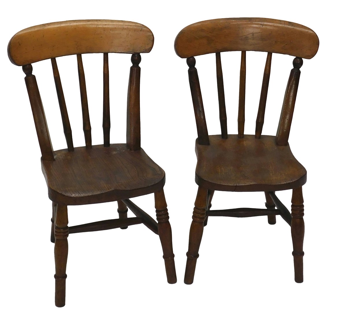 Two 19thC ash and elm child's chairs, each with a turned seat on H stretcher.