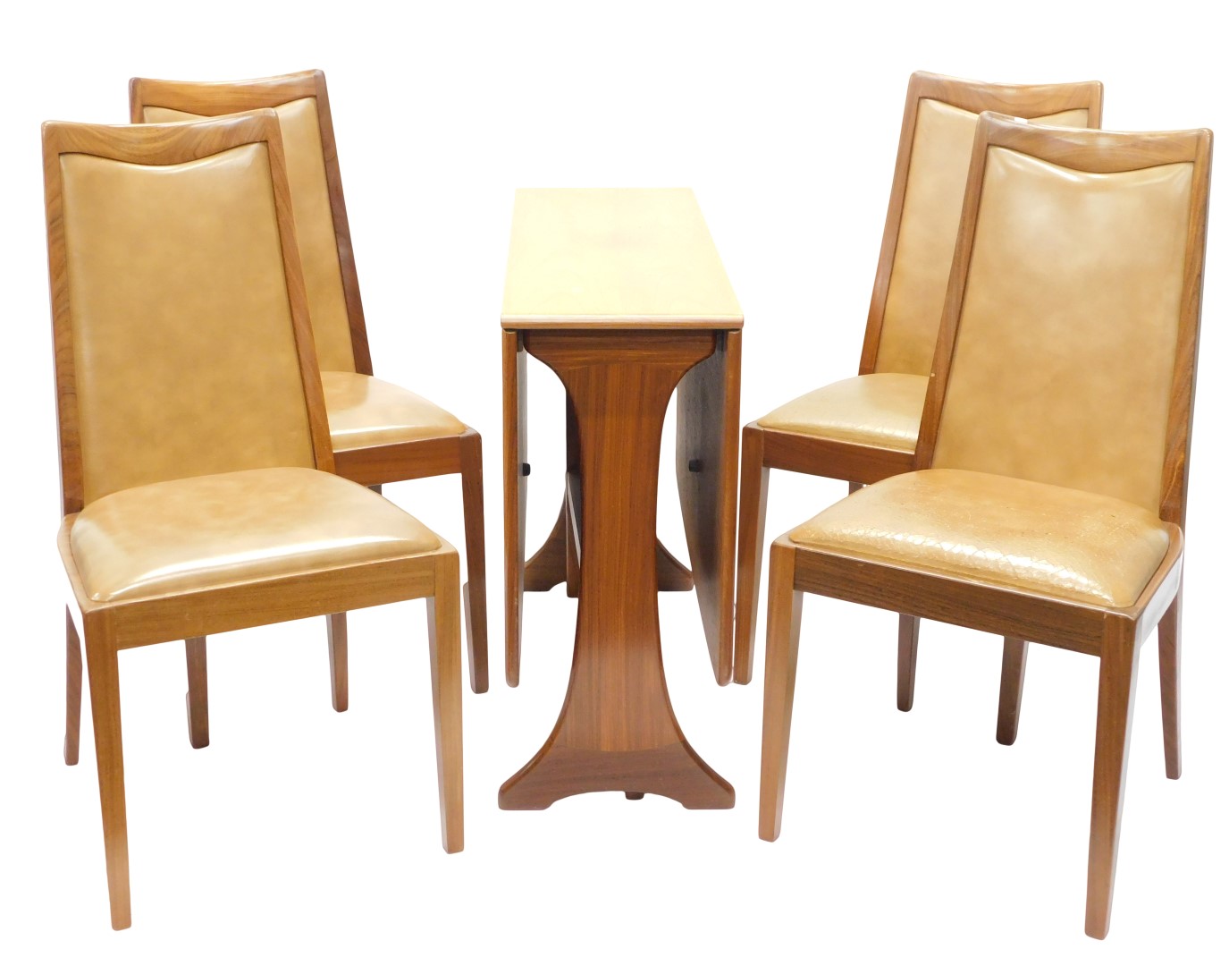 A G-Plan teak drop leaf table, on end supports, and four chairs, each with brown leather backs and s