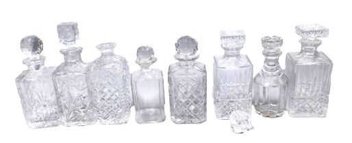 Various square section crystal and other decanters, etc.