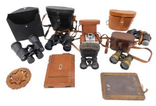 Miscellaneous items, to include a mahogany camera plate, opera glasses, binoculars, writing slate, e