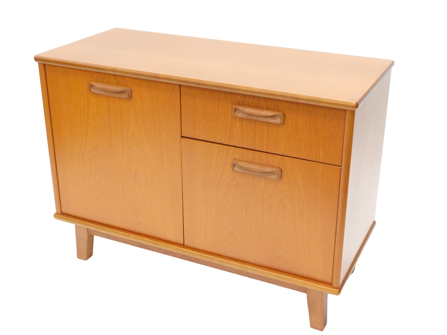 A 1960s/70s teak side cabinet, with one drawer, two doors, on square tapering legs, 76cm high, 102cm