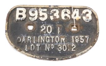 A cast iron railway wagon plaque, numbered B953643 20T Darlington 1957, 28cm wide.
