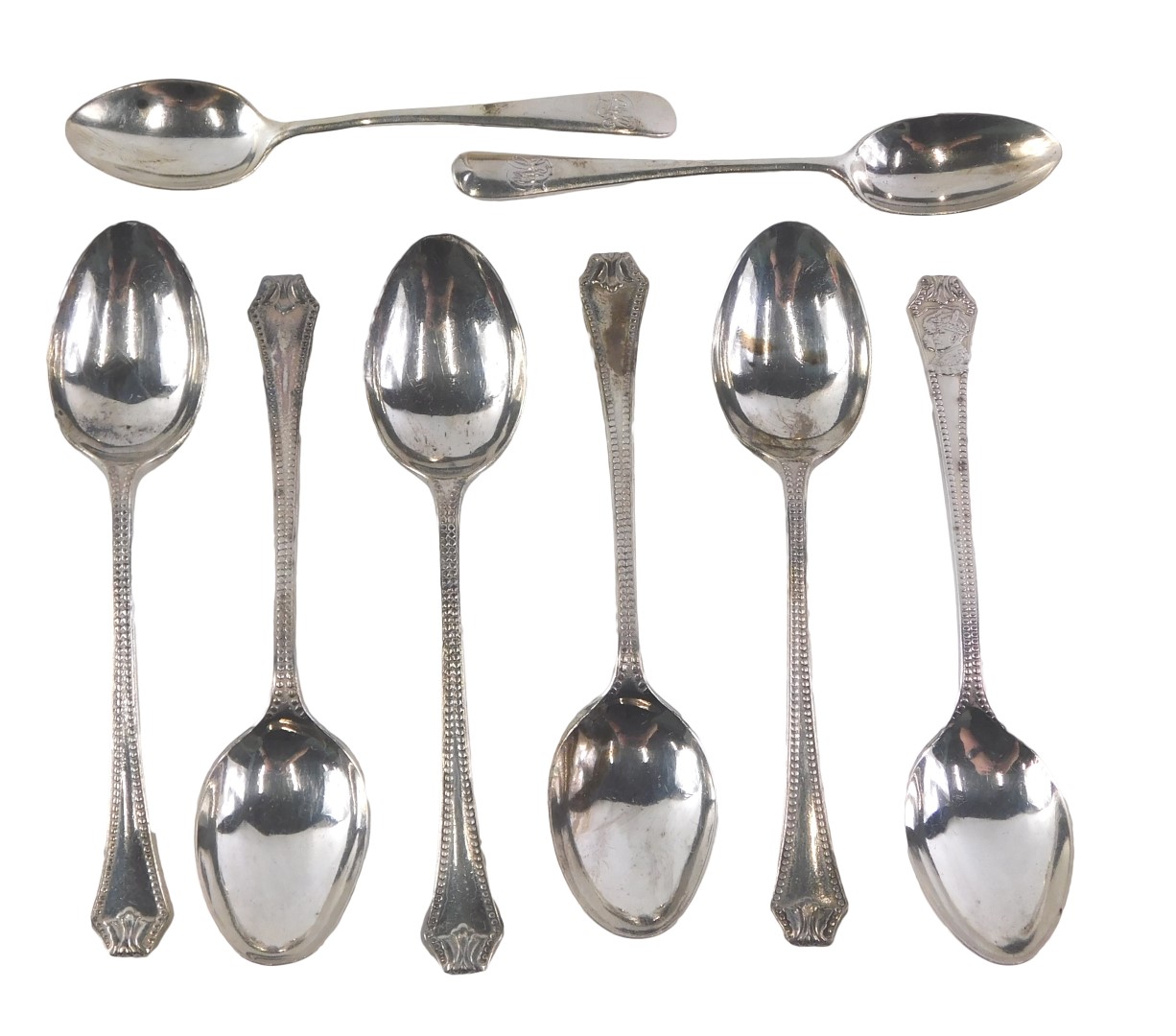 Silver teaspoons and coffee spoons, part set of five spoons with beaded decoration, similar coronati