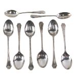 Silver teaspoons and coffee spoons, part set of five spoons with beaded decoration, similar coronati