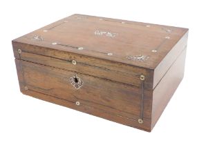 A Victorian rosewood and mother of pearl inlaid workbox, the hinged lid enclosed a bays lined interi