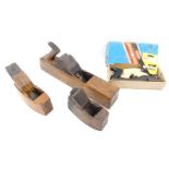 A beech wooden block plane, stamped Varvill & Sons Ebor Works York, two smaller planes, etc.