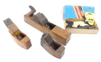 A beech wooden block plane, stamped Varvill & Sons Ebor Works York, two smaller planes, etc.