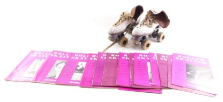 A pair of Ace size 4 vintage white leather roller skates, and a collection of roller skating magazin