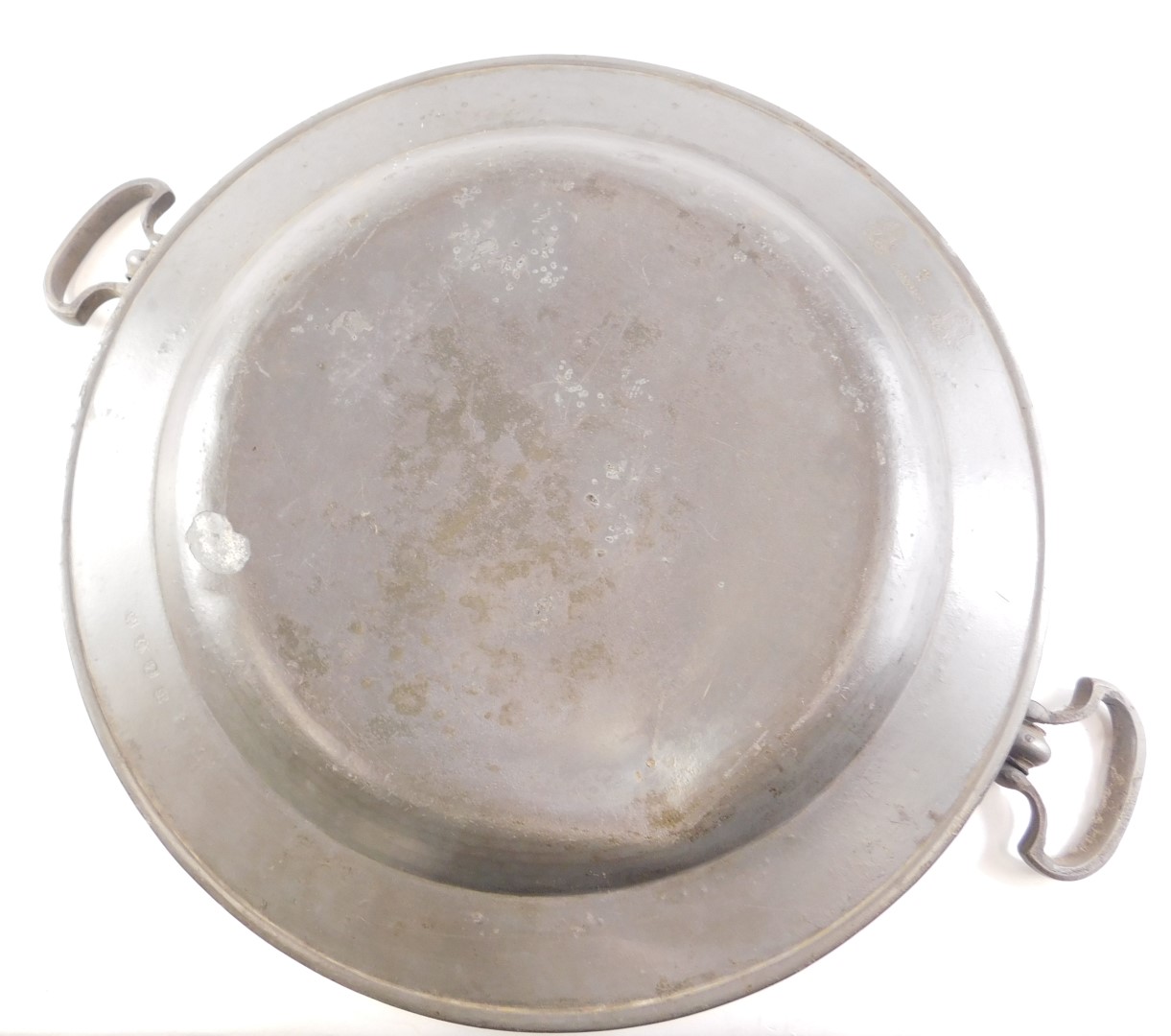 A late 18th/early 19thC pewter plate warmer, with two handles, London touch marks, 41cm wide. - Image 2 of 4