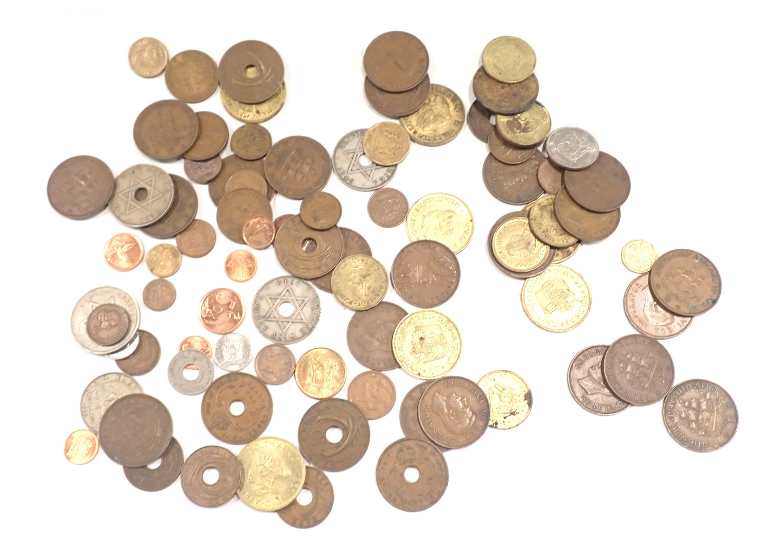 A collection of South African related coins, mainly 1940s and 50s, some pierced. (1 box)