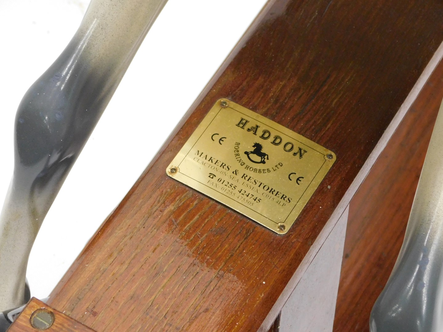 A Haddon dapple grey rocking horse, on a wooden base, brass manufacturers plaque for Haddon Makers & - Image 2 of 4