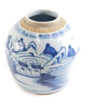 A 19thC Chinese provincial blue and white ginger jar, decorated with buildings within a landscape, l