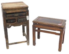 A Chinese elm side cabinet, with a square top and an arrangement of one long and two short drawers,